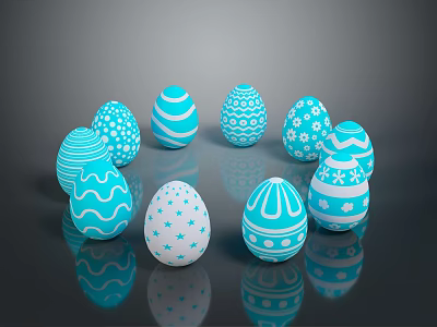 Easter Bunny Themed Colorful Blue White Eggs With Star Wave Striped Patterns On Black Background 3d model