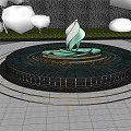 Water Fountain Featuring White Leaf Shaped Sculpture Circular Base Green Plants And Stone Wall