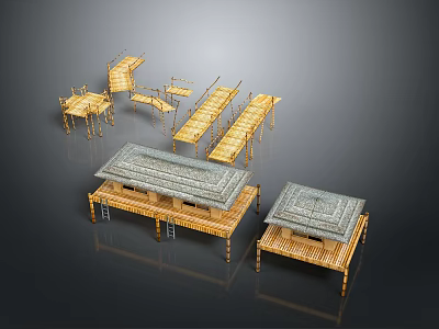 Garden Landscape with Traditional Wooden Pavilions and Tiled Roof Architectural Structures 3d model