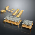 Garden Landscape with Traditional Wooden Pavilions and Tiled Roof Architectural Structures