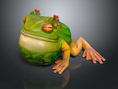 Green Frog Sculpture With Yellow Eyes Red Flowers On Back And Orange Limbs 3d model