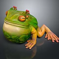 Green Frog Sculpture With Yellow Eyes Red Flowers On Back And Orange Limbs