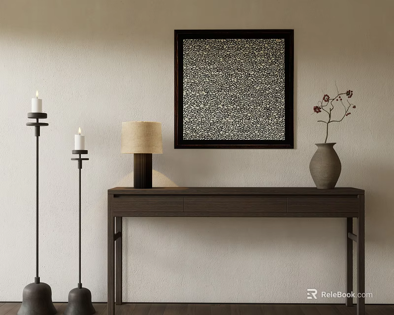 Minimalist Console Table With Framed Artwork Table Lamp Candle Holders And Vase 3d model
