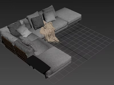 Modern Sectional Sofa With Multiple Plush Cushions And Throw Blanket Design 3d model
