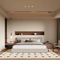 Modern Bedroom Interior With Upholstered Bed Wooden Wall Shelf Patterned Rug And Accent Chair