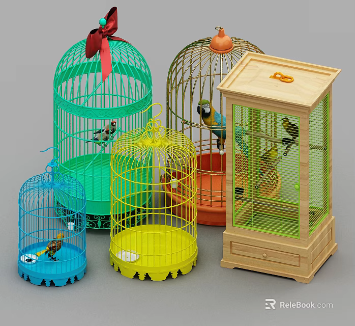 Decorative Ornament Set With Colorful Birdcages Small Bird Models And Red Bowknots 3d model 