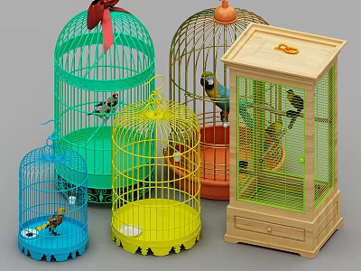 Decorative Ornament Set With Colorful Birdcages Small Bird Models And Red Bowknots 3d model