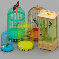 Decorative Ornament Set With Colorful Birdcages Small Bird Models And Red Bowknots