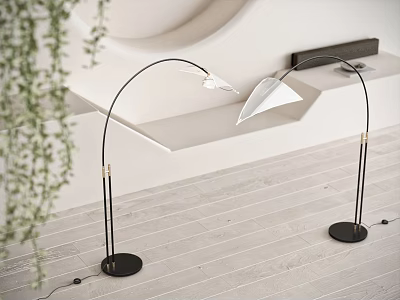 Modern Arched Floor Lamp With White Shade Black Base In Interior With Green Plants 3d model