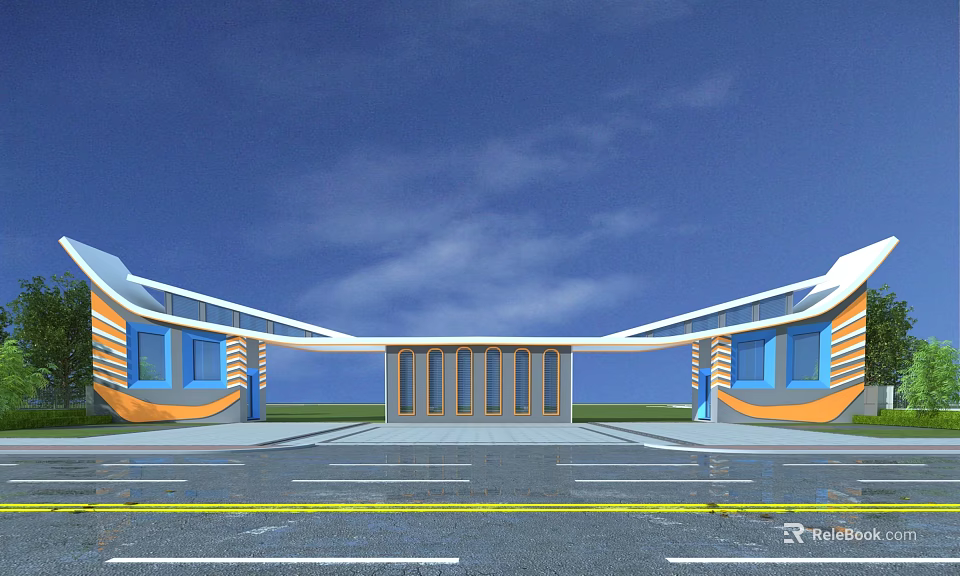 Modern Entrance Gate Design With Blue Windows And Orange Decorative Elements 3d model 