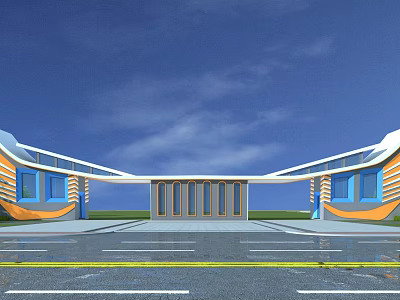 Modern Entrance Gate Design With Blue Windows And Orange Decorative Elements 3d model