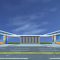 Modern Entrance Gate Design With Blue Windows And Orange Decorative Elements