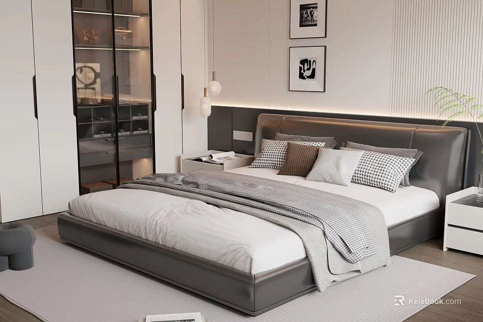 Modern Bedroom With Double Bed Upholstered Headboard Neutral Bedding And Framed Wall Art 3d model 