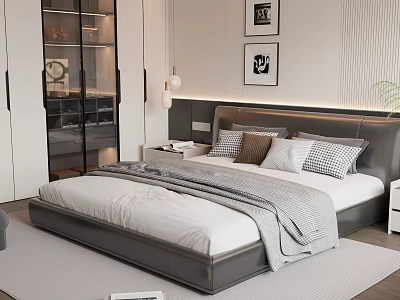 Modern Bedroom With Double Bed Upholstered Headboard Neutral Bedding And Framed Wall Art 3d model