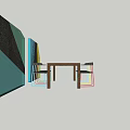 Colorful Dining Table Set With Multicolored Chairs And Geometric Background Panels
