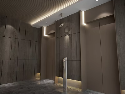 Modern Elevator Hallway Design With Wooden Panel Walls And Recessed Lighting 3d model