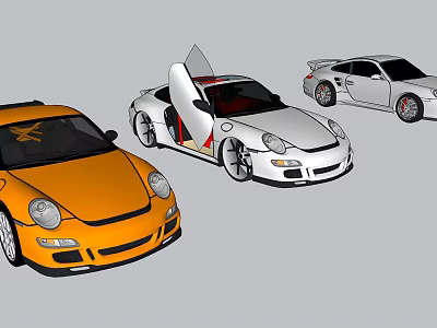 Three Stylish Sports Cars in Orange and White with Open Doors and Sleek Design 3d model