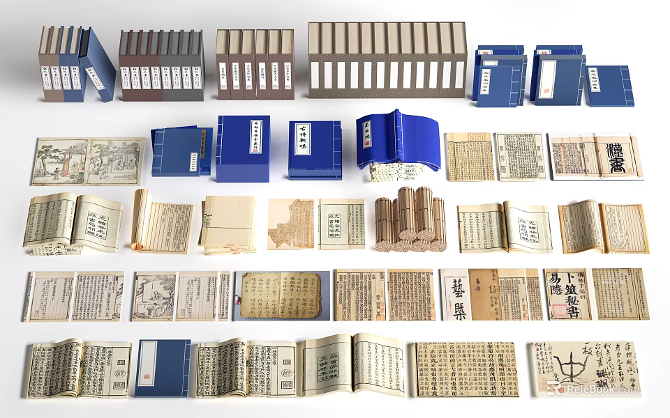 Vintage And Modern Books Collection With Open Pages And Colorful Covers 3d model 