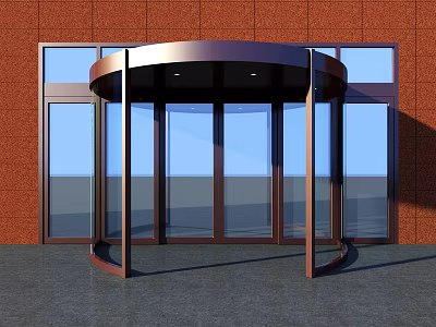 Modern Revolving Door Design With Glass Panels And Red Brick Wall 3d model