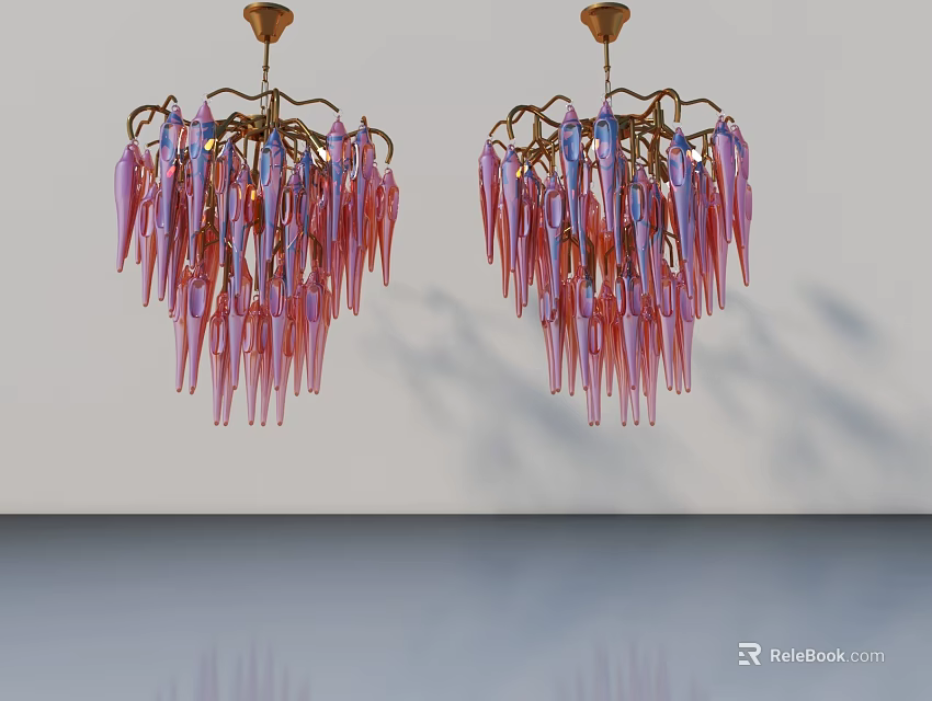 Swing Door With Golden Brackets And Pink Blue Glass Strip Chandeliers On White Wall 3d model 