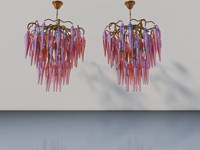 Swing Door With Golden Brackets And Pink Blue Glass Strip Chandeliers On White Wall 3d model
