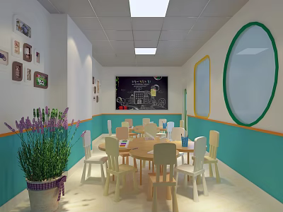 School Classroom With Blue White Walls Round Tables Purple Lavender And Circular Windows 3d model