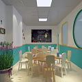School Classroom With Blue White Walls Round Tables Purple Lavender And Circular Windows