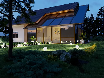 Elegant Detached Villa Night View With Glass Design Lush Greenery And Garden Lighting 3d model