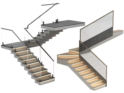 Modern Staircase Design With Glass Railing Metal Handrail And Wooden Steps 3d model