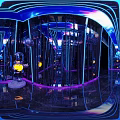Modern KTV Corridor With Purple Blue Lighting Mirror Walls And Reflective Floor