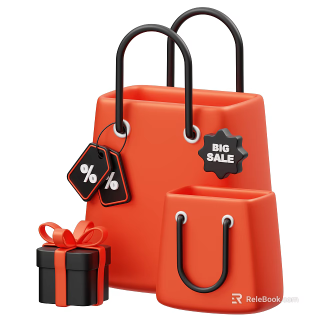 Decorative Ornament Set Featuring Orange Shopping Bags Black Handles Sale Tags Gift Box Red Bow 3d model 