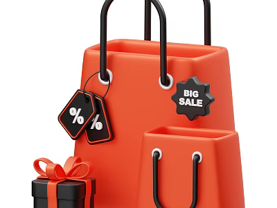 Decorative Ornament Set Featuring Orange Shopping Bags Black Handles Sale Tags Gift Box Red Bow 3d model