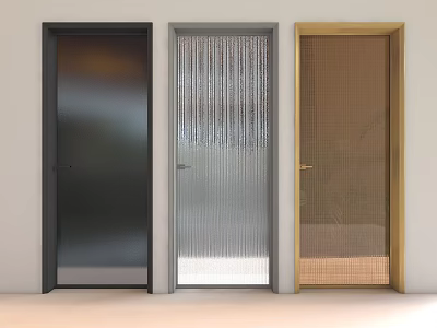 Three Modern Swing Doors With Glass Textured And Gold Frame Designs 3d model