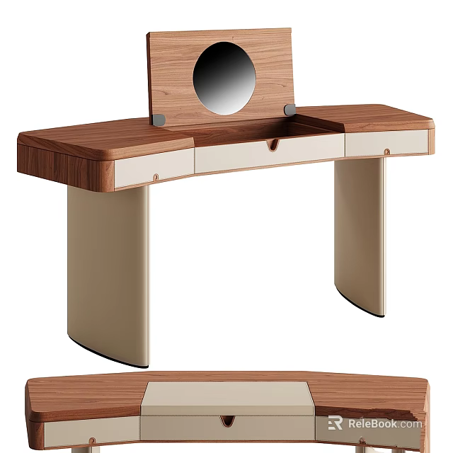 Modern Sleek Dressing Table with Wooden Top Beige Drawers and Round Mirror Design 3d model 