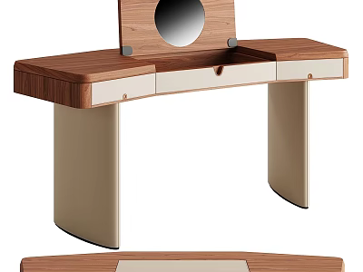 Modern Sleek Dressing Table with Wooden Top Beige Drawers and Round Mirror Design 3d model
