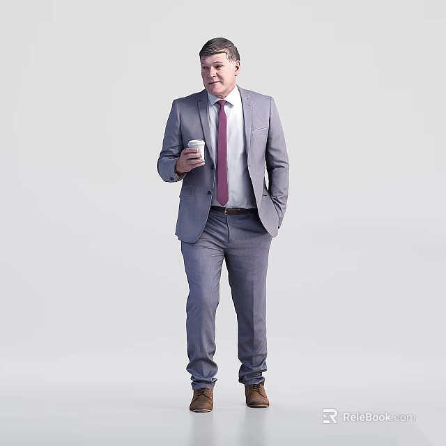Man in Gray Suit and Red Tie Holding White Coffee Cup Standing Against Light Background 3d model 