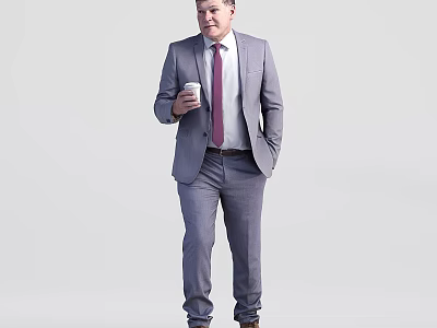 Man in Gray Suit and Red Tie Holding White Coffee Cup Standing Against Light Background 3d model