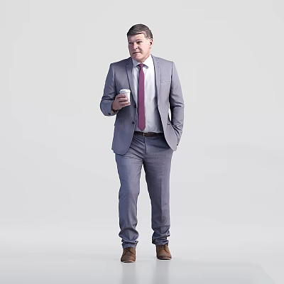 Man in Gray Suit and Red Tie Holding White Coffee Cup Standing Against Light Background 3d model