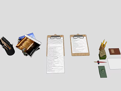 Essential Workspace Office Supplies With Clipboards Papers Pencils Notebook And Wallet 3d model
