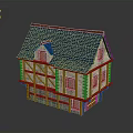 Traditional Half Timbered House Exterior With Blue Roof Wooden Frames And Stone Walls