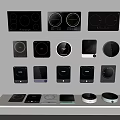 Modern Kitchen Appliances Electric Cooktops With Various Designs On Wall And Shelf