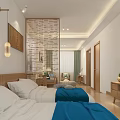 Cozy Double Bed Bedroom Interior With Wooden Furniture And Soft Pillows And Wall Art