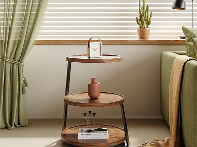 Round Three-Tier Wooden Side Table With Metal Frame Clock Vase And Books In Living Room 3d model