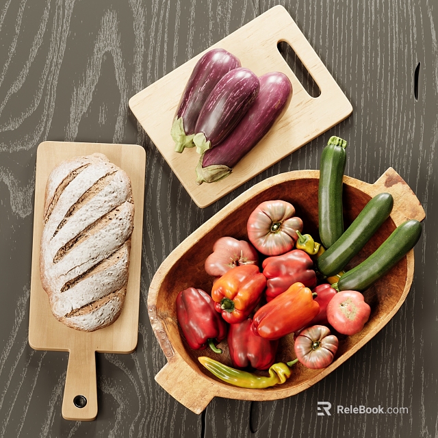 Assorted Fresh Vegetables Including Eggplants Zucchini Bell Peppers And Tomatoes In Wooden Bowl With Bread On Board 3d model 