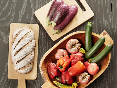 Assorted Fresh Vegetables Including Eggplants Zucchini Bell Peppers And Tomatoes In Wooden Bowl With Bread On Board 3d model