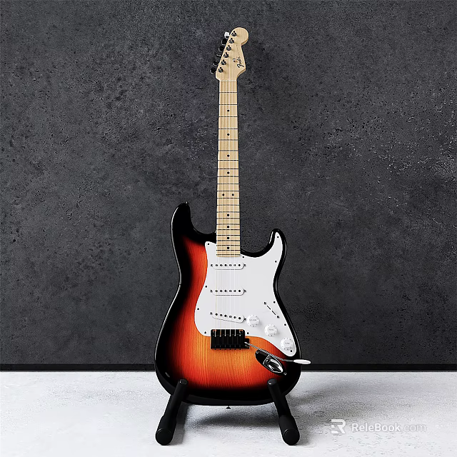 Electric Guitar With Sunburst Finish Wooden Neck And White Pickguard On Dark Background 3d model 