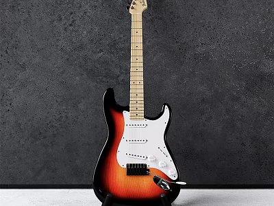 Electric Guitar With Sunburst Finish Wooden Neck And White Pickguard On Dark Background 3d model