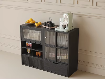 Black Modern Sideboard With Glass Doors Top Fruits Coffee Machine And Storage 3d model