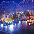 Night View Of City Skyline With Illuminated Spherical Structures And Waterfront