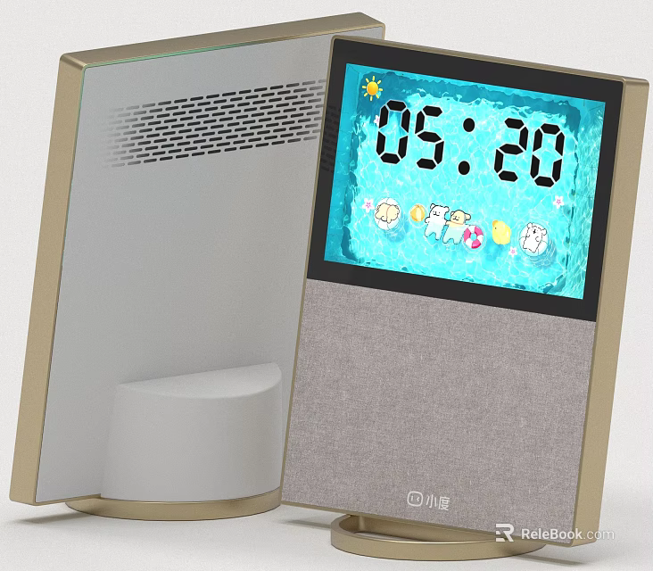 Smart Machine With Digital Display Showing Time And Cartoon Icons In Gold Gray Design 3d model 